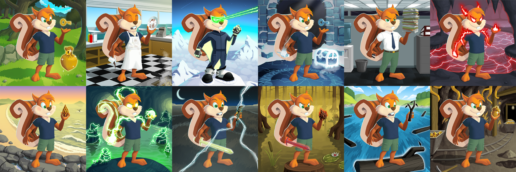 A grid of Blocker the Squirrel NFT artwork across different Frenzyverse environments